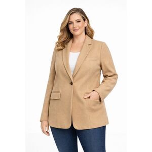 Orvis Women’s Camel Wool Blazer Jacket Size 16 Classic Tailored One-Button Lined